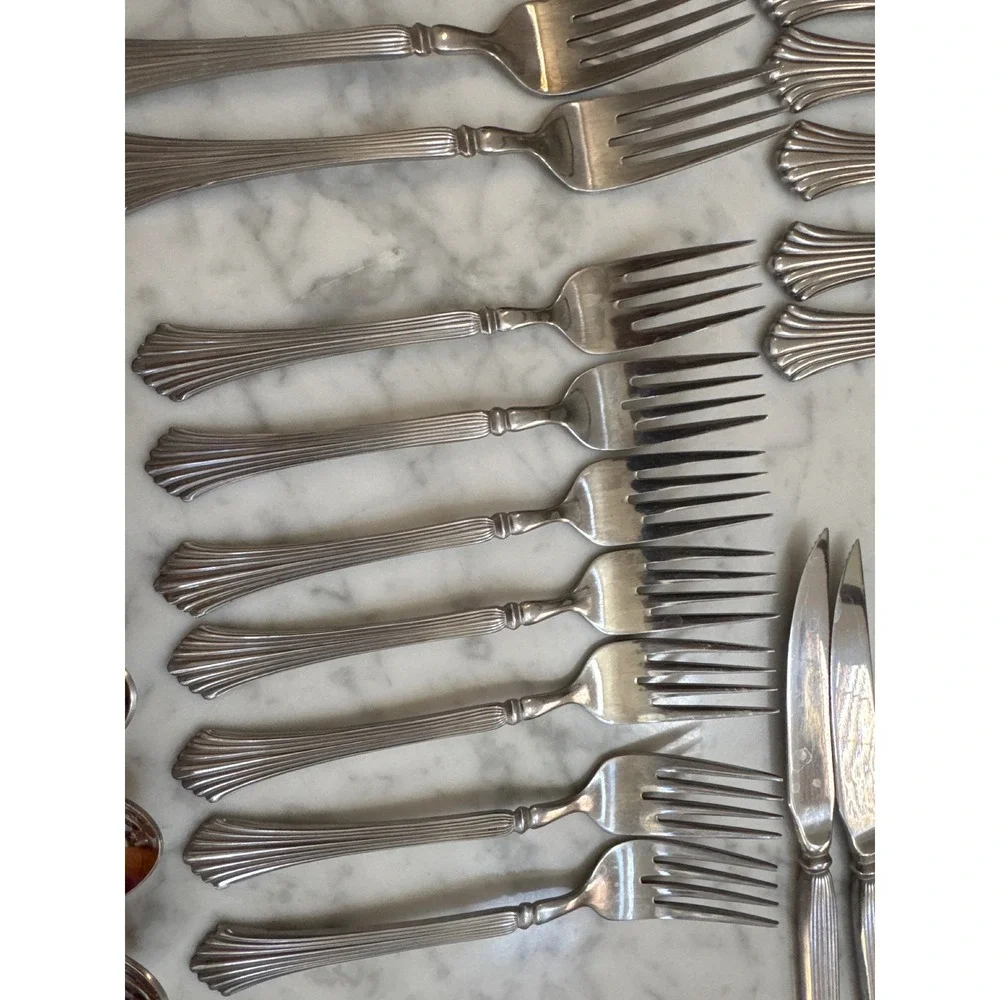 Rogers & Co Stainless Korea Flatware Set 54pc Ribbed Flared Handle Silverware